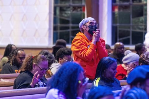 Dozens of community members pray, dance in place and clap during a prayer vigil for the victims of recent gun violence in the Southside, at Chicago Shiloh Seventh-day Adventist Church, Friday, March 1, 2024. | Tyler Pasciak LaRiviere/Sun-Times